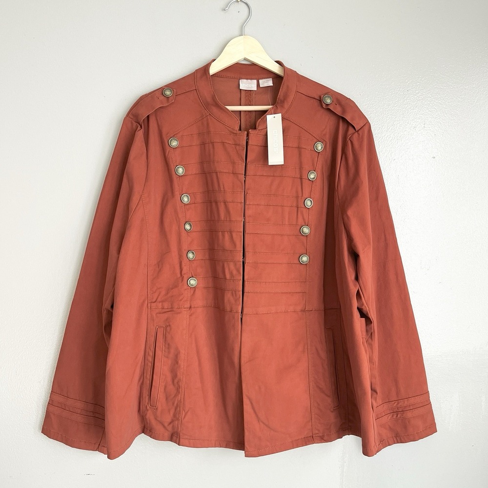 Chico's Structured Sateen Military Jacket in Deep Rust XXL 4 *Missing Button